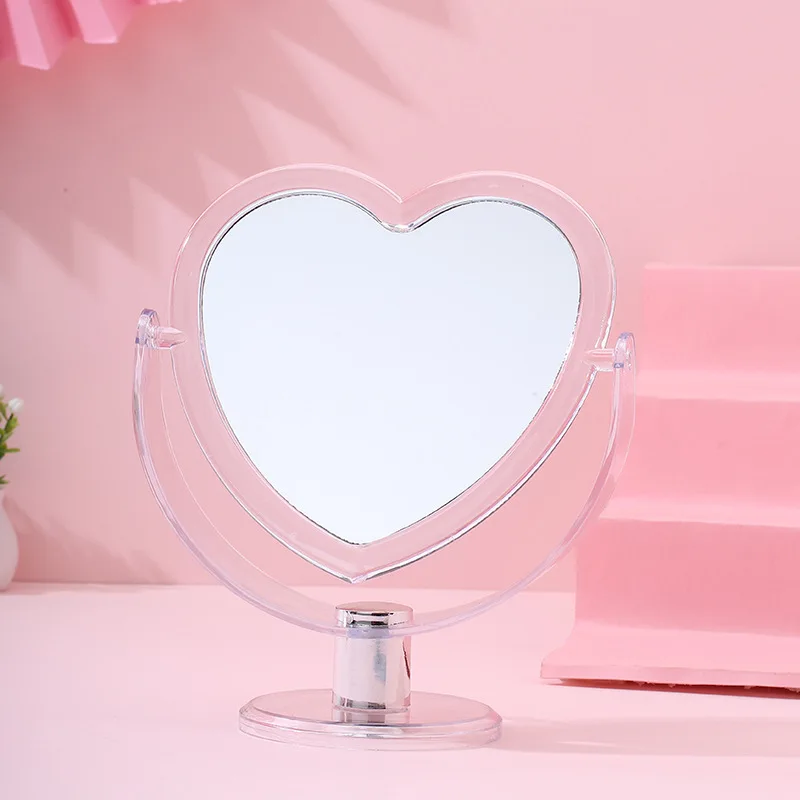 Korean Style Heart Shaped Cosmetic Mirror Acrylic Base Makeup Mirror Rotatable Home Bedroom Desktop Vanity Mirror for Women