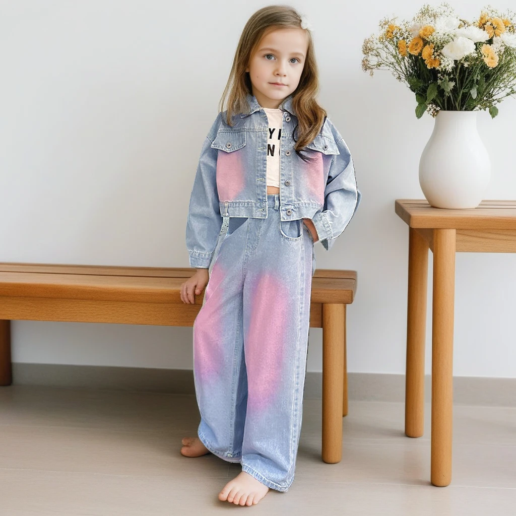 Denim Sets for Children 2025 Spring Grey Jacket Jeans 2pcs Teen Kids Clothes Fashion Casual Wide Leg Pants Children Costuems 8 Y