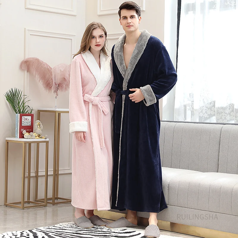 Women Men Thermal Flannel Extra Long Bath Robe Winter Luxury Fur Bathrobe Warm Kimono Dressing Gown Sexy Bridesmaid Sleepwear