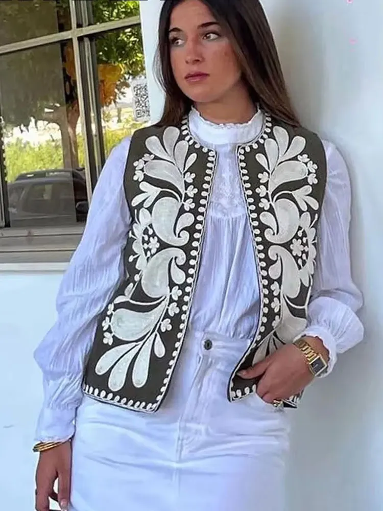 HH Embroidery Vest For Women Y2k Vintage Casual Sleeveless Cardigan Waistcoat Top Fashion Woman Floral Embroidered Vest