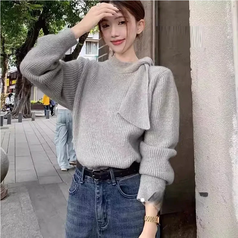 

Winter High End Feeling Inner Match Knitwear French Lazy Style Women's Loose Knitted Sweater Stand Collar Tie Drape Outerwear