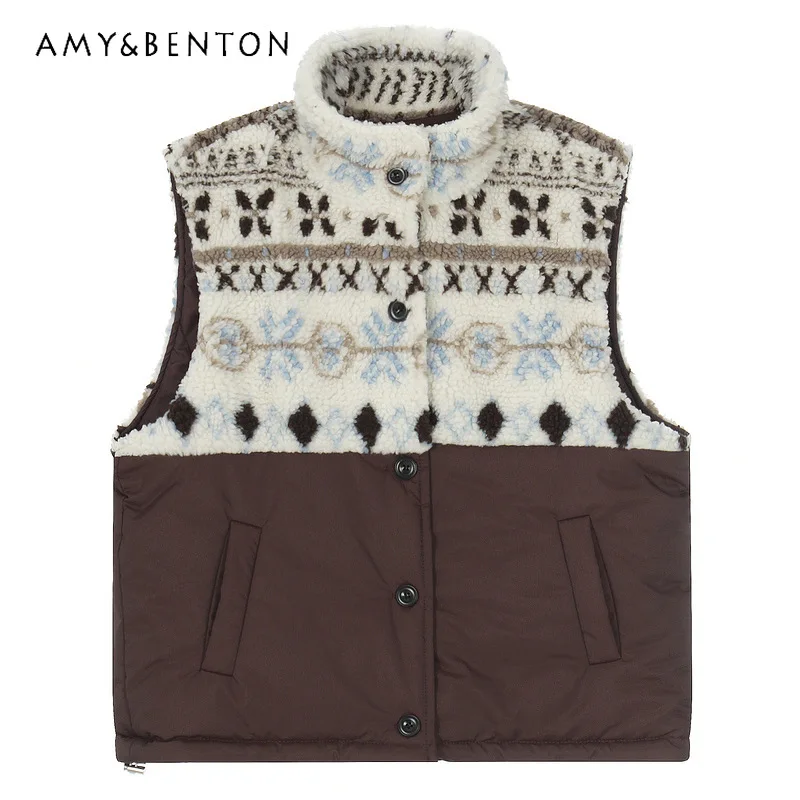 

American Retro Design Lamb Wool Women's Vest Cotton Jacket 2025 Winter New Loose Warm Stand Collar Sleeveless Coat Vests Ladies