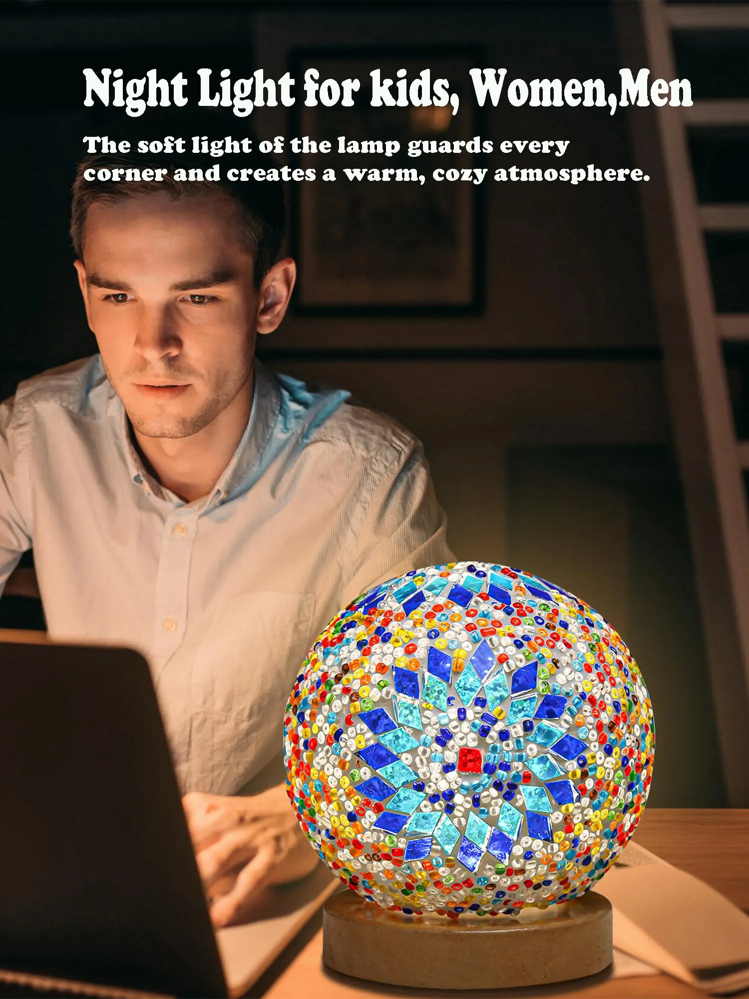 Turkish Table lamp,Bedside Lamps with Wooden Base,Bohemian Tiffany Style Bedroom Lamps,Moroccan Lantern for Office Decorations