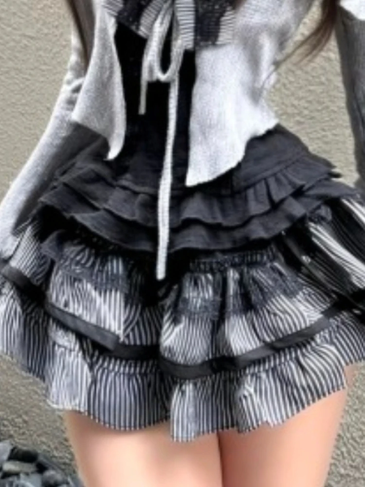 Japanese Sweet College-Style 3-Piece Set Women Gray Knit Cardigan + Halter Inner Top + Layered Cake Skirt Cute Elegant Outfit