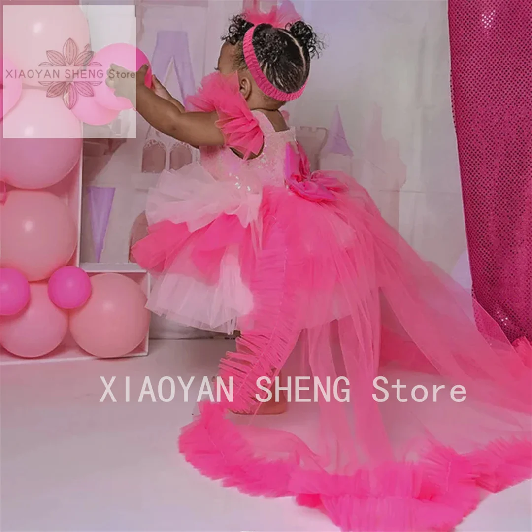 

Pink Pearls Flower Girl Dresses Ruffles Baby Ball Gown First Communion Dress Birthday Photos Shoot Gowns for Party