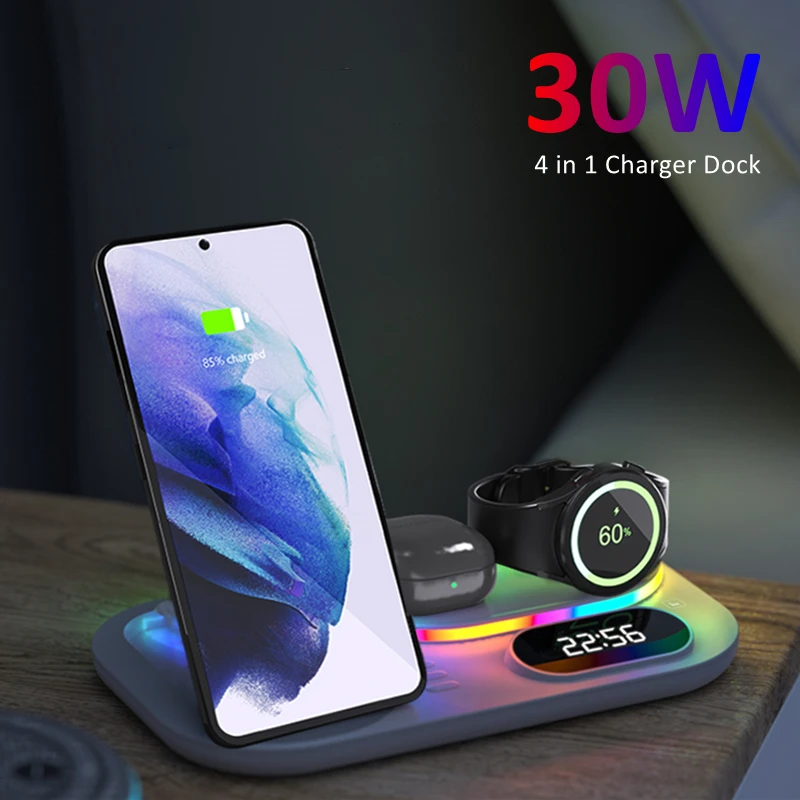 Time Display LED Wireless Charging Station 4 in 1 Wireless Charger For Samsung Galaxy S23/S22 Flip Fold 5 Watch 6/5 Buds