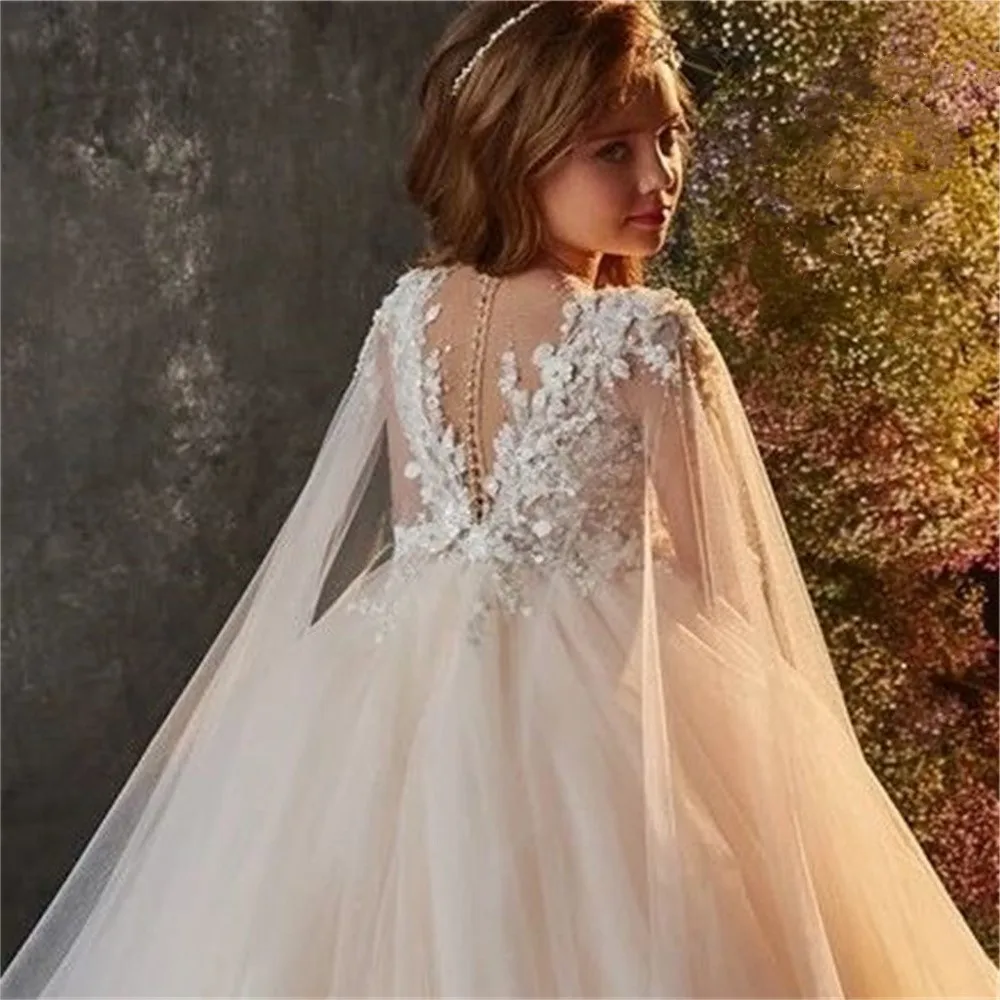 Flower Girl Dress Champagne Fluffy Tulle  Long Sleeve Round Neck   Bridesmaid Birthday Supper Luxury Wedding Dress Present