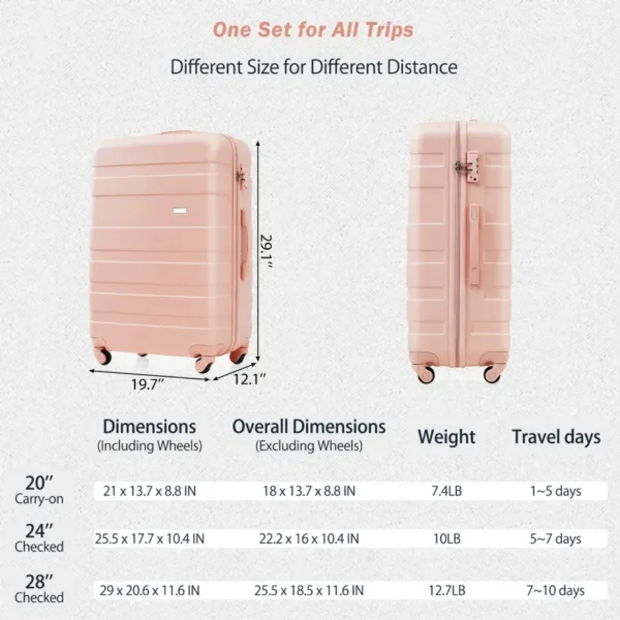 Luggage Sets 4 Piece ABS Durable Suitcase with Travel Bag Carry On Luggage Suitcase Set with 360° Spinner Wheels pink