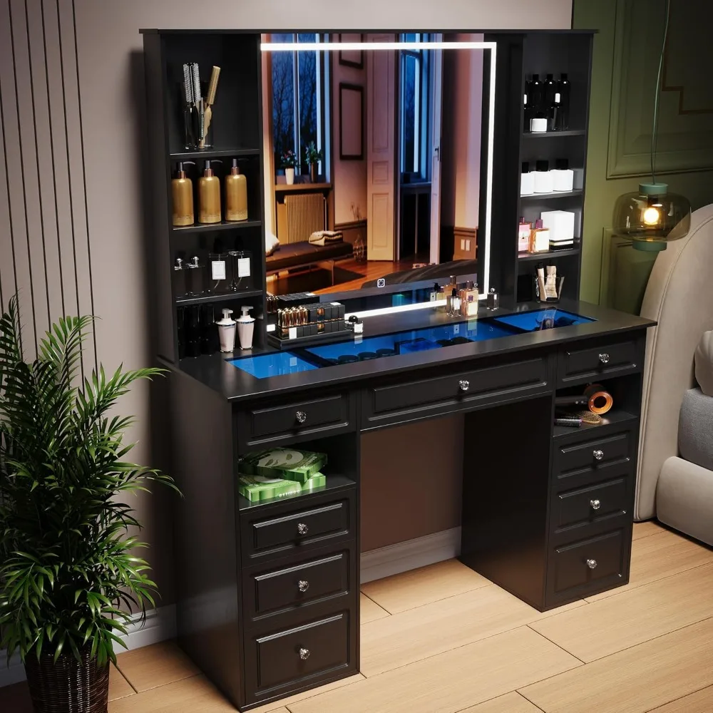 

Vanity Desk with Mirror and Light, Glass Top Dresser with 9 Drawers, Vanity Table with Storage, Dressing Table