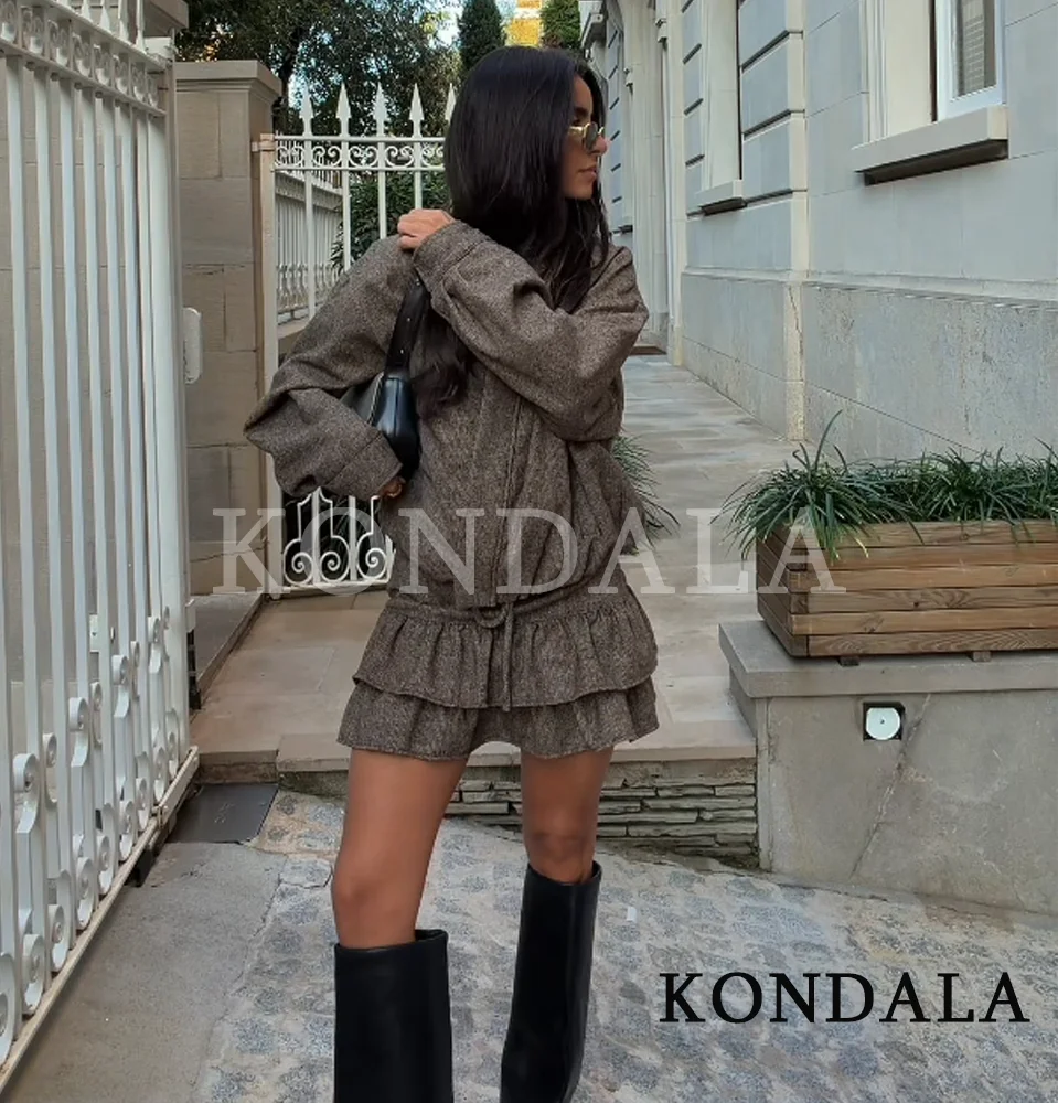 KONDALA Herbst Retro Casual Röcke Anzug Stehkragen Jacke, Mini Plissee Shorts Röcke 2026 Frühling Herbst Mode Frauen Set