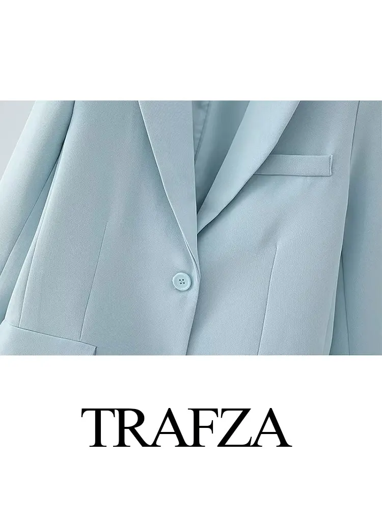 TRAFZA Fashion Retro Blue Elegant Blazer Set Long Sleeves Lapel Loose Blazer High Waist Pockets Loose Shorts Commuter Chic Set