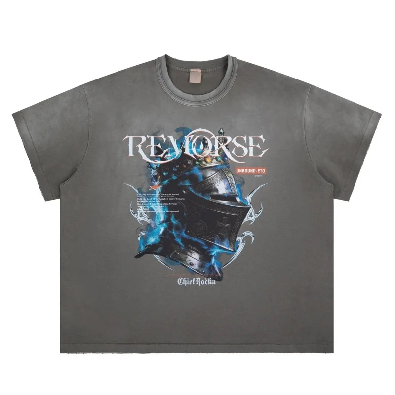 Retro Washed Knight Helmet with Blue Flame Graphic T-Shirt Men Oversized Loose Fit Streetwear Short Sleeve Tops