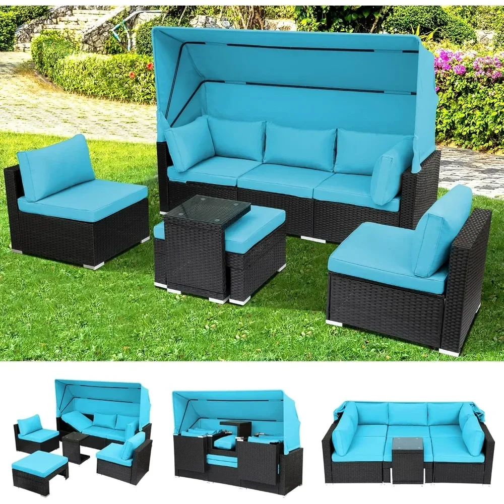 7 Pieces Patio Furniture Sets, Outdoor Daybed with Canopy Adjustable Backrest,Sectional Seating with Washable Cushions Rectangle