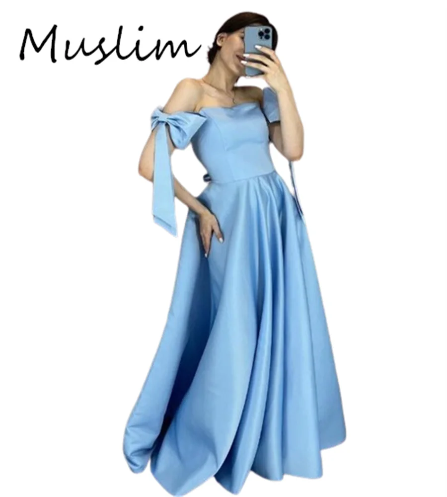 Stunning Blue Evening Dresses With Bow Off Shoulders Satin Arabic Dubai Prom Dresses Floor Length Ceremony Formal Party Birthday