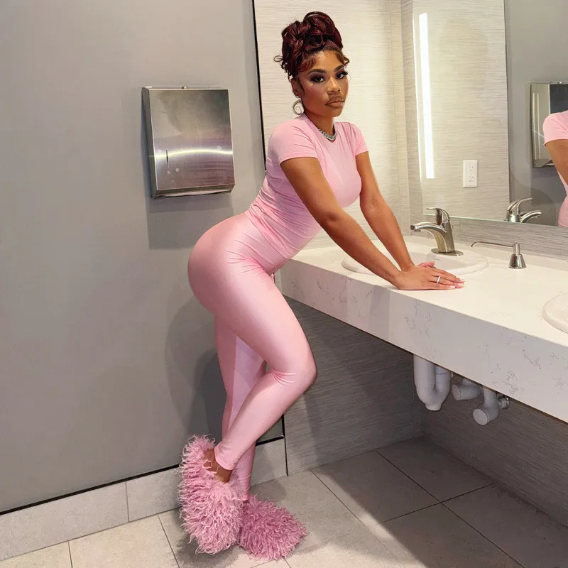 Vsstiar Short Sleeve O Neck Women T-Shirt High Waist Pencil Pants Fashion Solid Color Slim Casual Two Piece Set Streetwear Suit