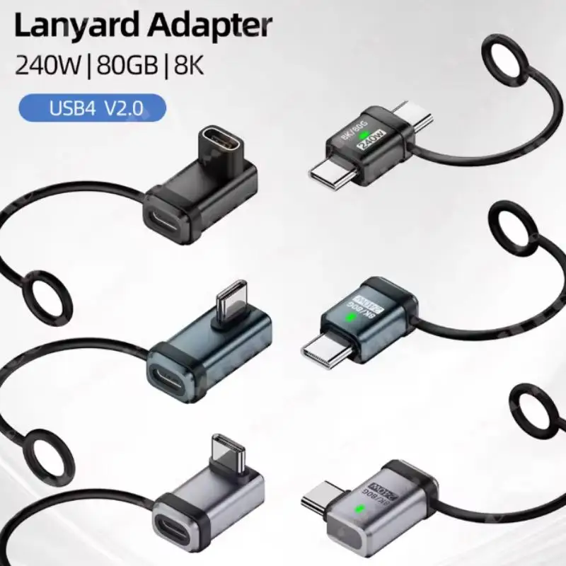 USB4 Straight Angle PD 240W 5A USB C To Type C: Charging Converter Data Adapter Hanging Rope