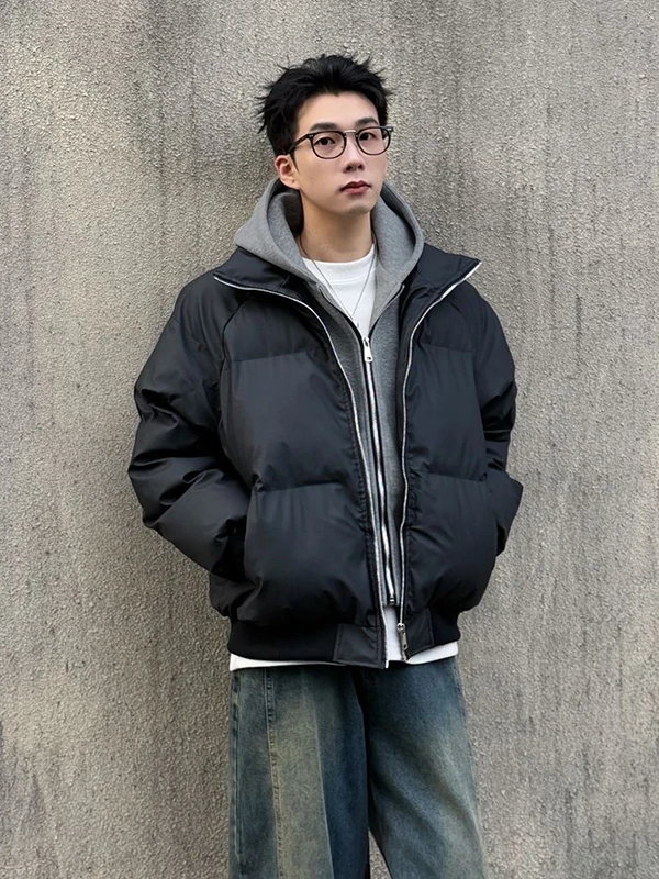 

American Sle Men's Thiened PU Leather Hooded Cotton Jaet Winter Warm Double Zipper High-End Feeling Cool Outerwear