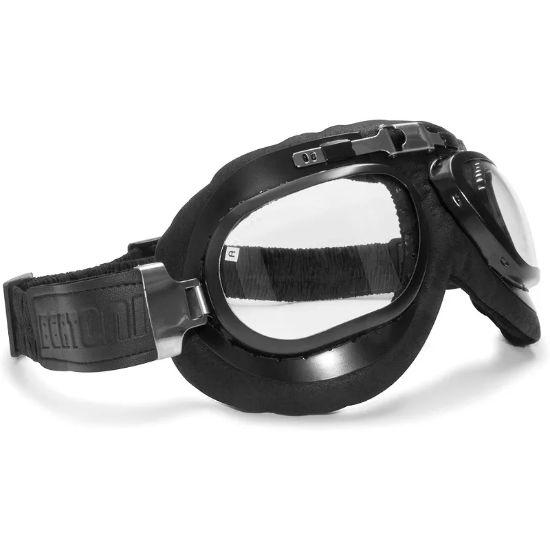 

Bertoni Motorcycle Goggles Real Black Calfskin Leather AF191L Italy Vintage Aviator Bikers Glasses