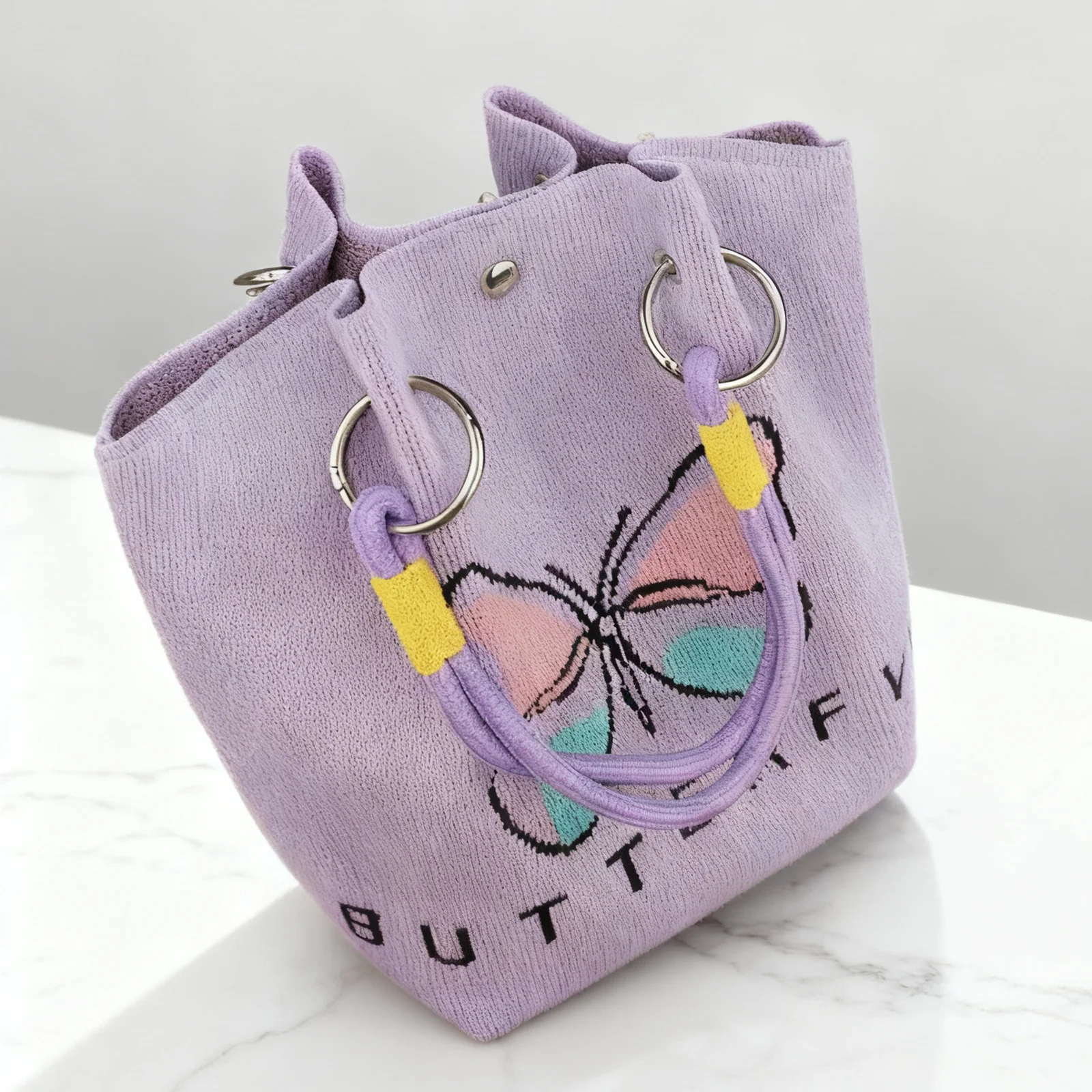 حقيبة يد محبوكة باللون الأرجواني اللطيف مع تصميم فراشة، حقيبة كتف ذات سعة كبيرة، حقيبة أزياء جمالية للنساء والفتيات