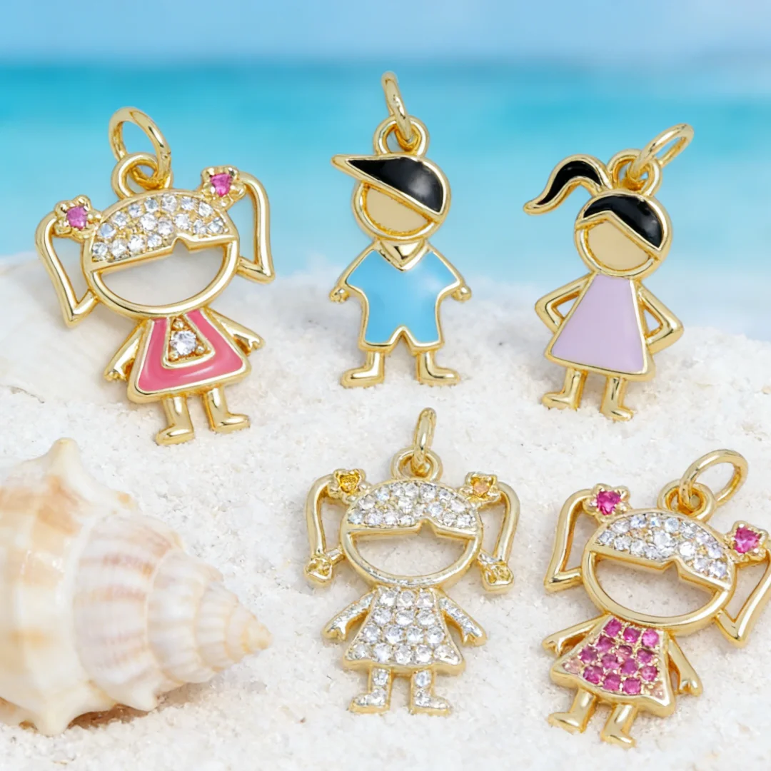 

4Pcs Pendants Brass Colorful Enamel Cute Doll Double Ponytail Charms for DIY Jewelry Necklace Bracelet Daily Accessory Women Men