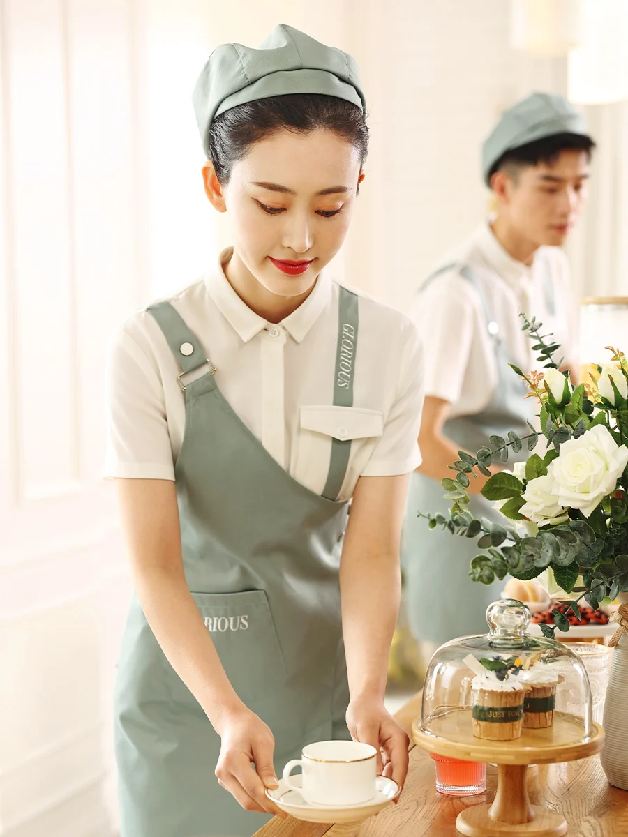 fashion-restaurant-work-clothes-short-sleeved-catering-waiter-shirt-apron-hat-set-milk-tea-shop-waitress-uniforms-customized