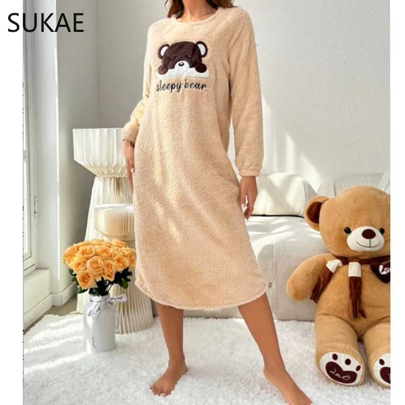 SUKAE Cute Bear Winter Women Long Sleeves Thermal Nightgowns Flannel Long Sleepshirt Pullover Fluffy Nightwear Woman Homewear