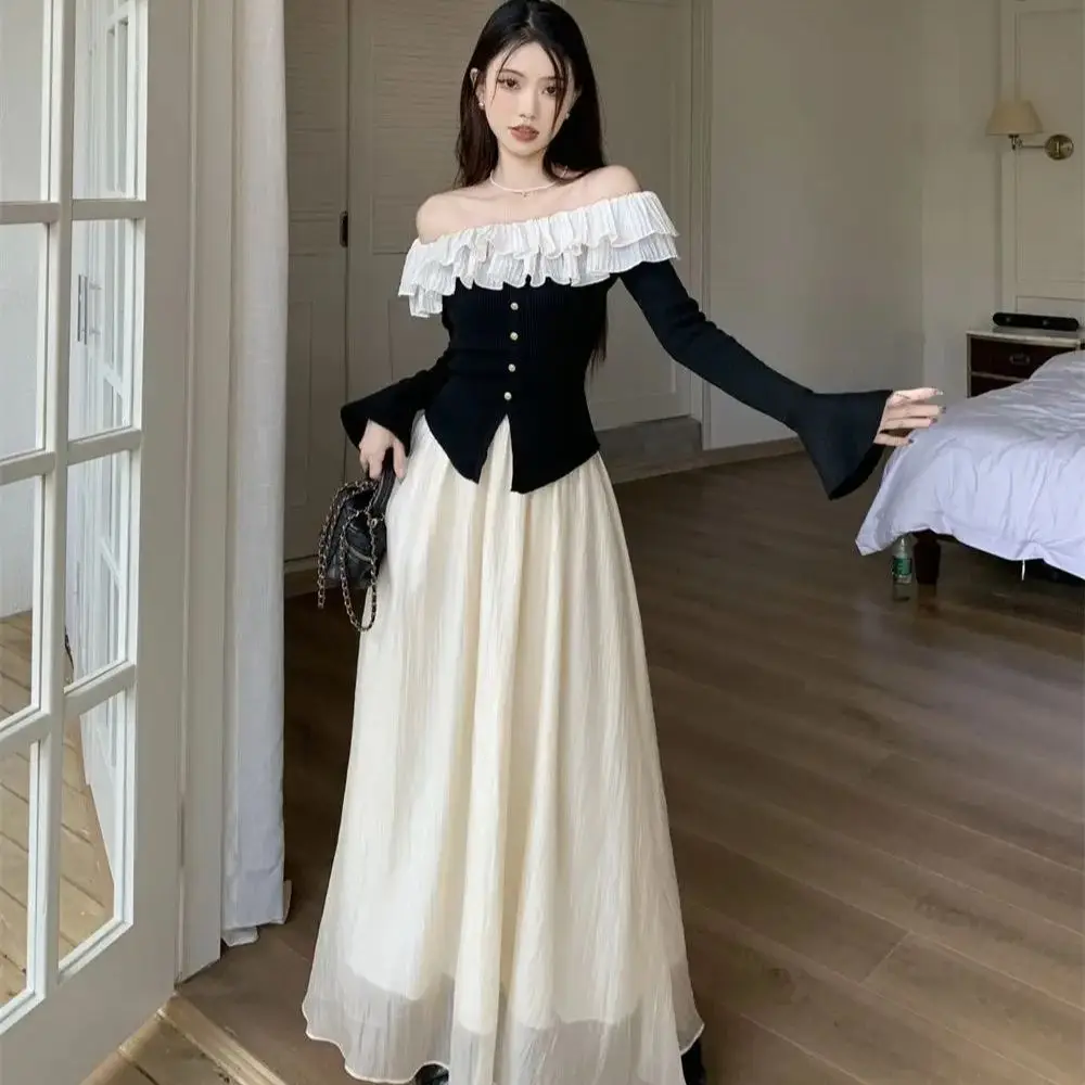 

Korea Sweet Style Two-Piece One-Shoulder Long-Sleeved Tops Skirts Women Spring Autumn New Niche Design Fashion Suits