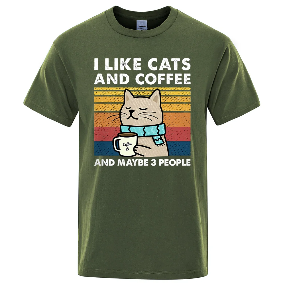 I Like Cats And Coffee Street Funny T-Shirt For Men Fashion Casual Loose Cotton Clothing Crewneck Breathable Tshirt Hip Hop Tees image 3