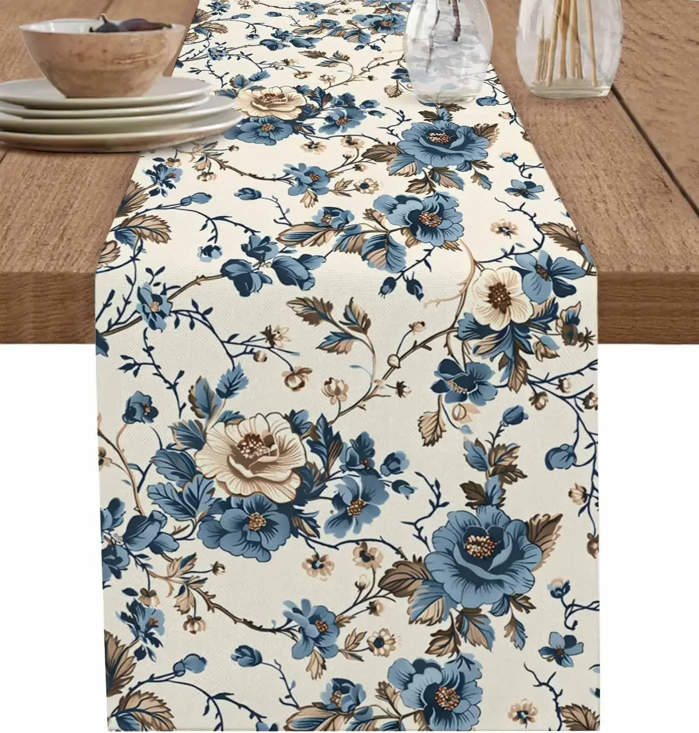 Vintage Blue Flowers Linen Table Runner Dresser Scarves Table Decor Farmhouse Kitchen Dining Table Runner Holiday Party Decor