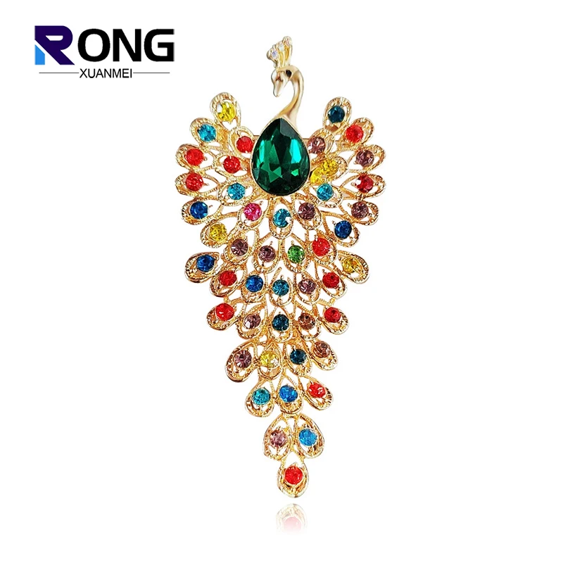 Fashion Big Colourful Crystal Rhinestone Peacock Brooches For Women 2024 Animal Phoenix Lapel Pin Corsage Clothing Accessories