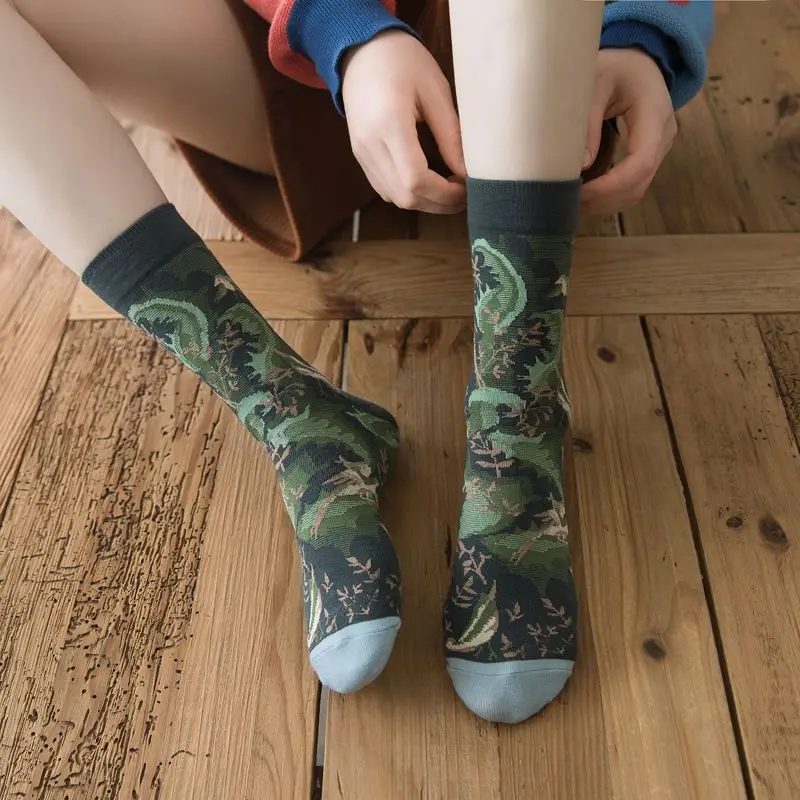 1/4 Pairs Spring and Autumn Fashion New Oil Painting Pure Cotton Middle Socks Personalized Retro Creative Street Trendy Socks