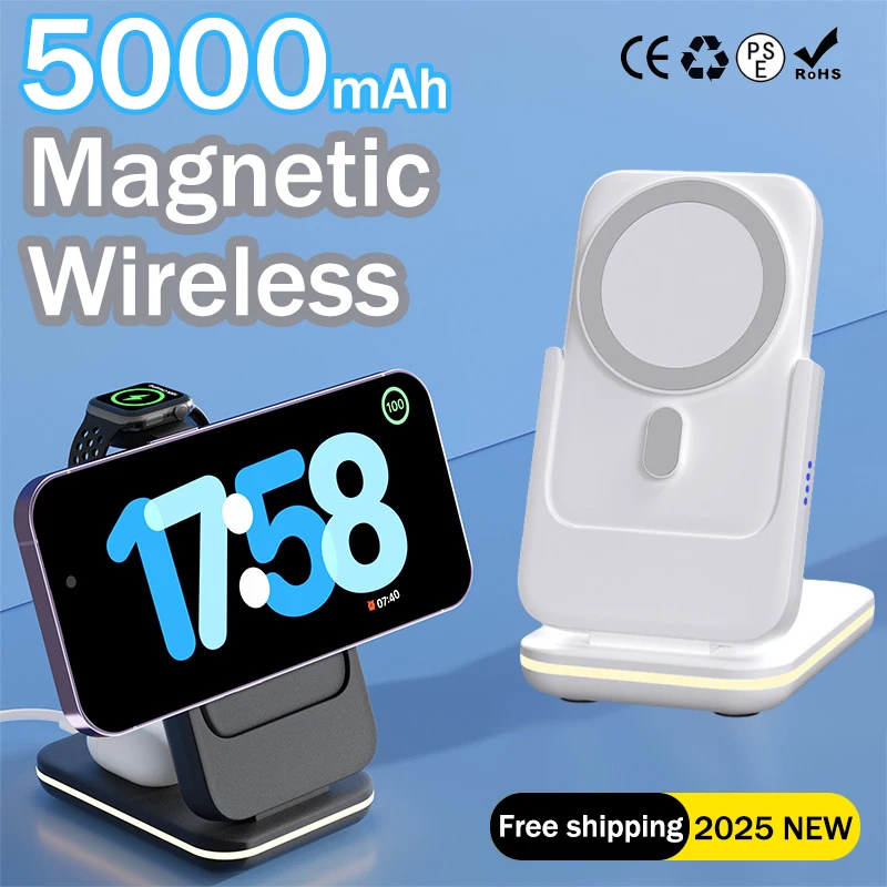 3 in1Multifunctional Magnetic Power Bank Portable 5000mAh Fast Charging Wireless Charger for IPhone IWatch Bluetooth Headphones - Image 2