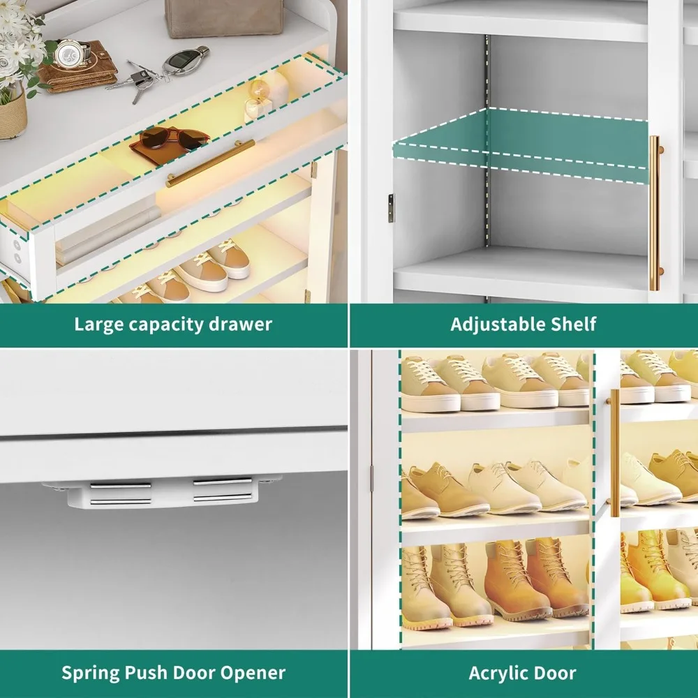 خزانة أحذية خشبية حديثة مع درج وأضواء LED، منظم أحذية ضيق قائم بذاته لتخزين المدخل