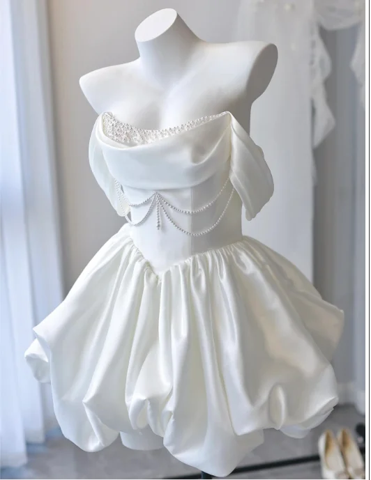 Off Shoulder Satin Short Wedding Dress Pearl Chain Bubble Mini Skirt Corset Back Reception Bridal Gown Vestidos Novia Custom