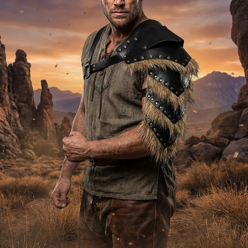 

Medieval Knight Retro Cape Leather Faux Fur Stitching Single Shoulder Armor Halloween Warrior Role Play Performance Costume