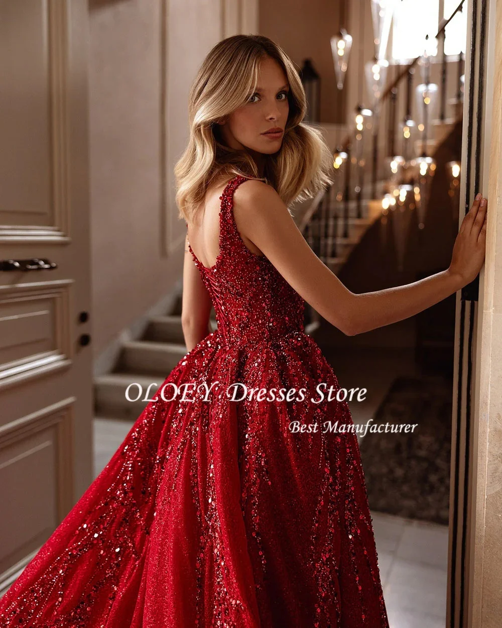 فساتين OLOEY للحفلات الراقصة للمناسبات الخاصة مصنوعة يدويًا من الخرز فساتين سهرة نسائية فاخرة زعيم مربع لامع حسب الطلب