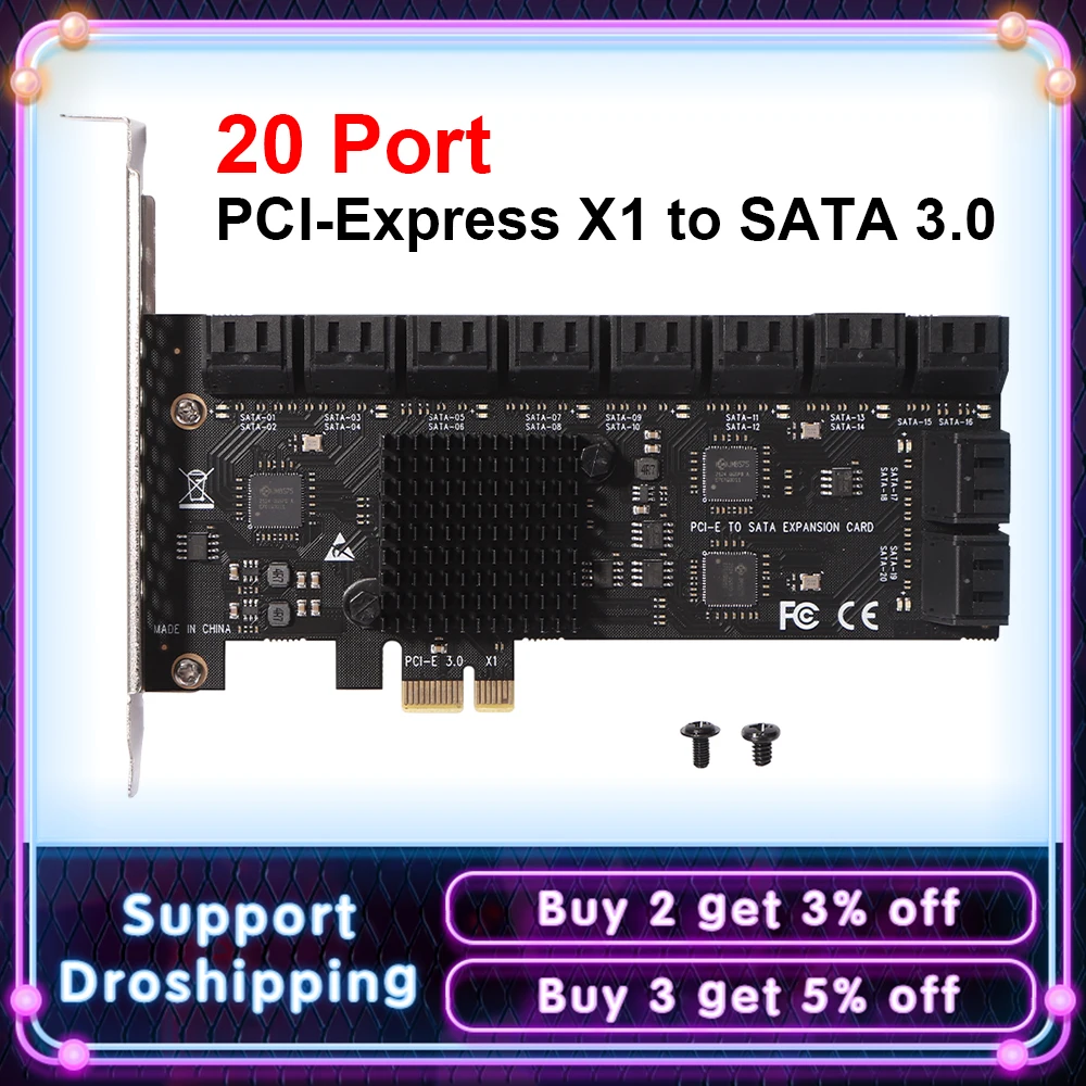 PCIE Adapter 20/16/12 Port PCI-Express X1 to SATA 3.0 SA3112J Expansion Card 6Gbps High Speed Add On Card W/ PCI-E X4 X8 X16