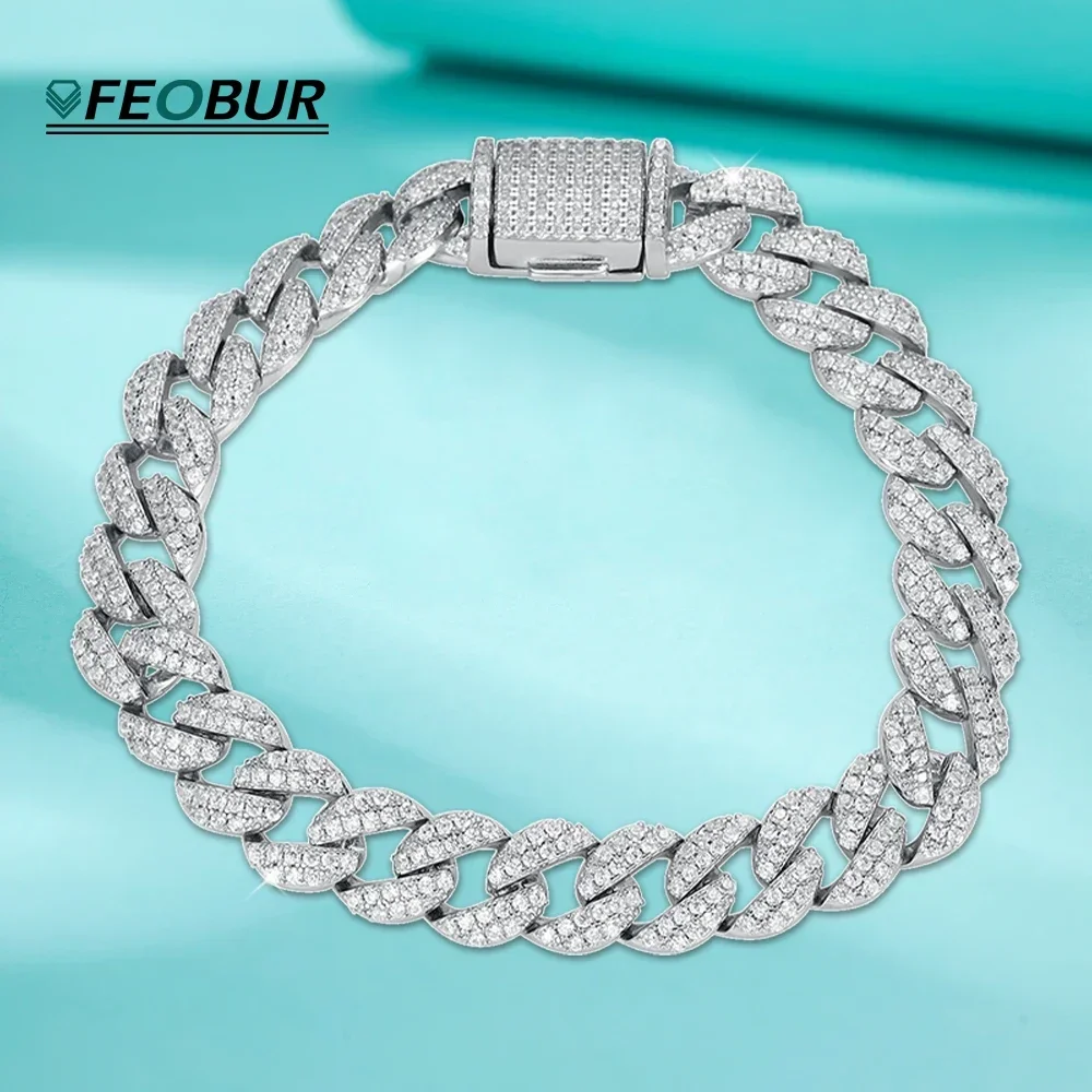 

FEOBUR 8mm Full Moissanite Cuban Link Bracelet for Man Women 925 Sterling Silver Hip Hop Tennis Bracelets Party Jewelry GRA