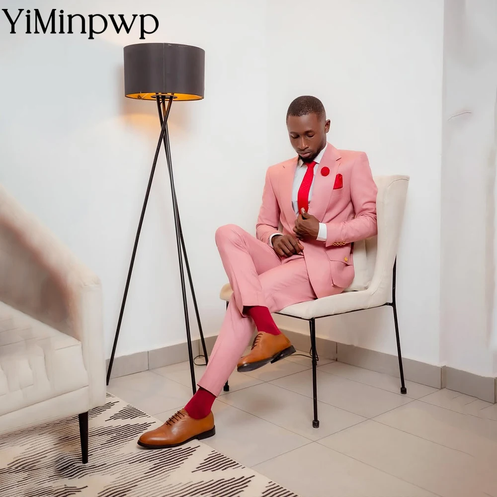 

Pink Men's Suit jacket Top lapel Luxury Groomsman Jacket One Button Tuxedos 2 Piece Set Wedding Suits Slim Fit Peak Lapel