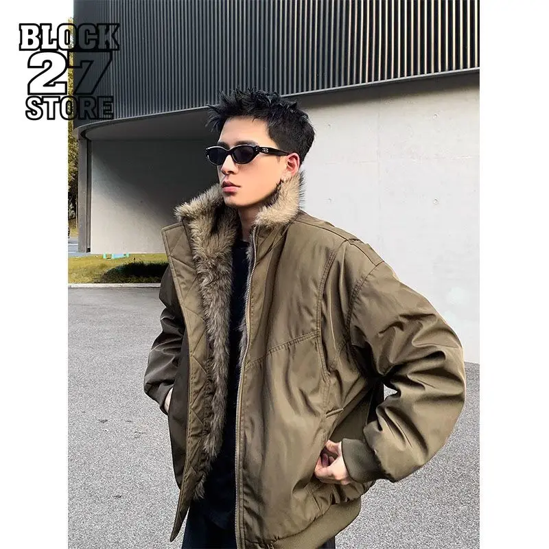 

Мужская куртка, американская винтажная деконструированная осенне-зимняя толстая теплая стеганая куртка с меховым воротником, повседневная уличная одежда, мода в стиле Харадзюку