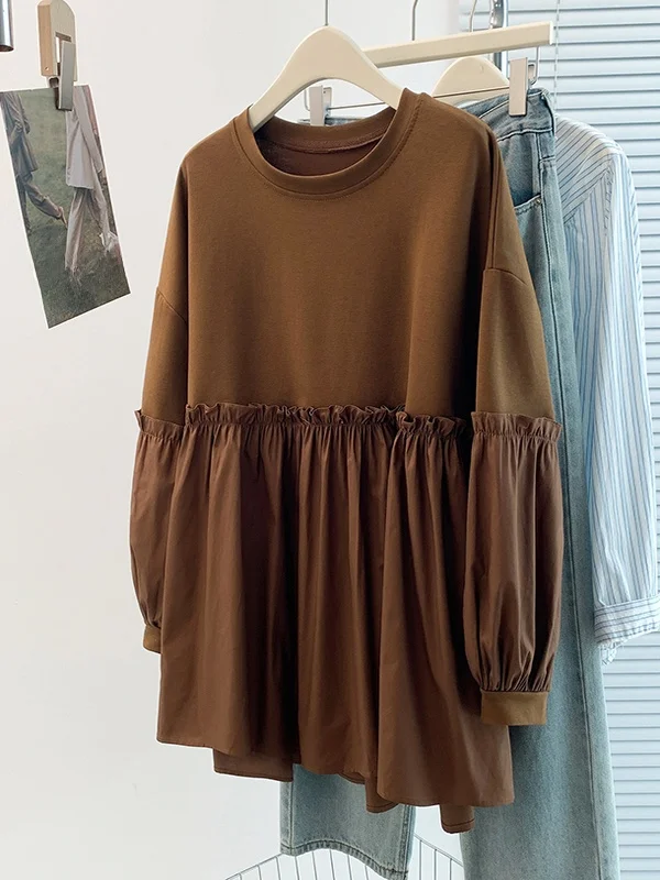 

Autumn New Design Color Blo Ear Musoom Splicing Sweatirt plus Size Women's Slimming Tummy Covering Top Base irt