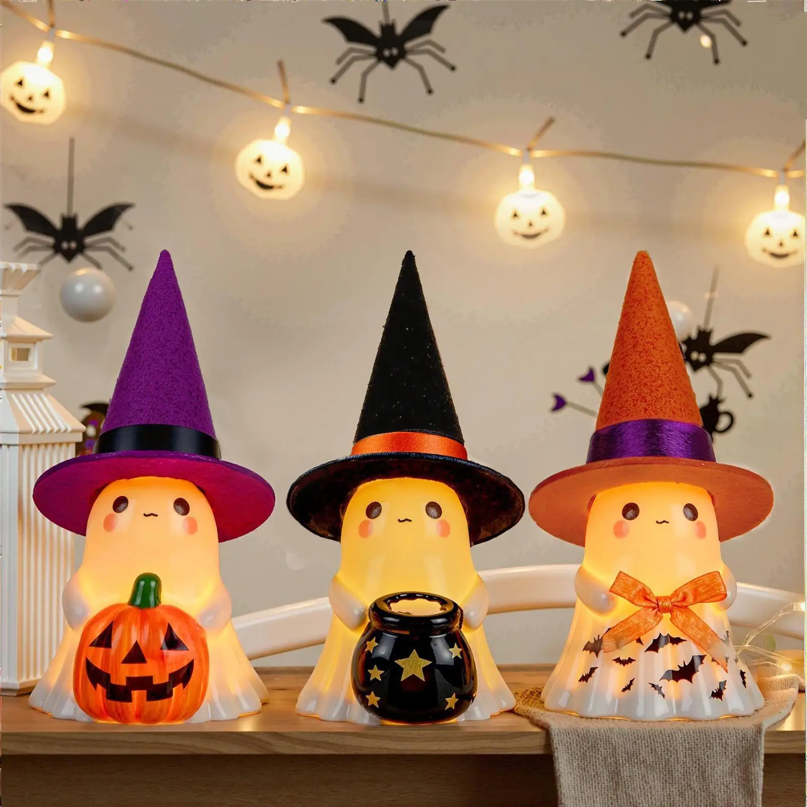 Light Up Ghost Figurine Cute Spooky Lighted Decor Ghost Figurines Led Spooky Statue Cute Decoration For Holiday Fireplace Party