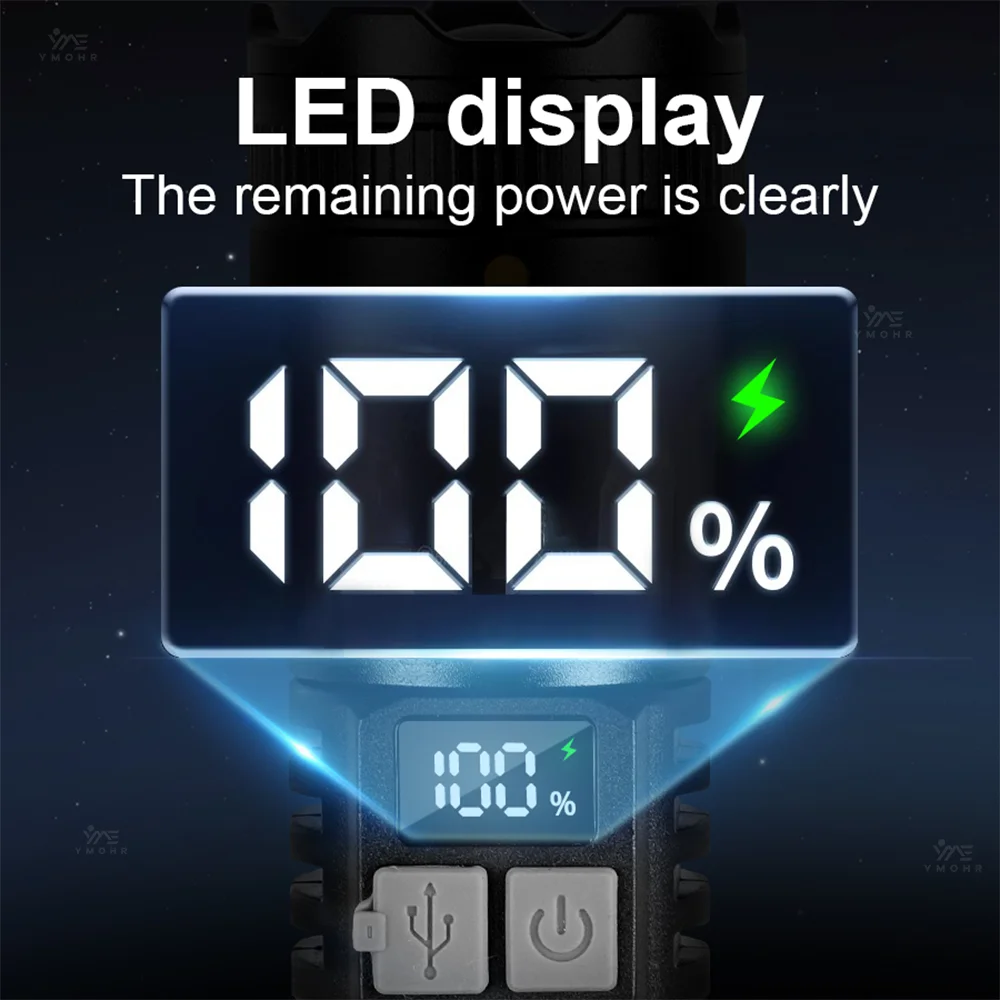 High Power Flashlight 18650 Battery Rechargeable LED Flashlight Waterproof White Laser Side Lamp Digital Display Outdoor Camping