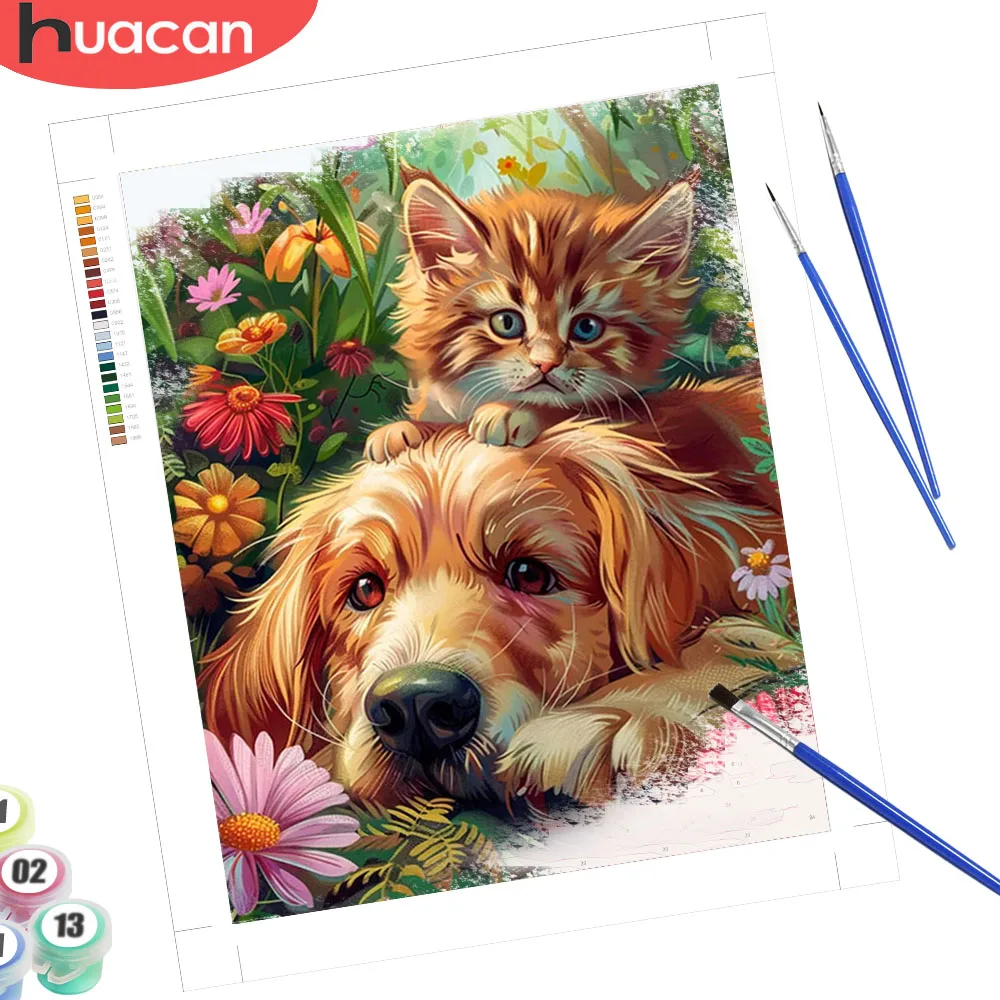 HUACAN DIY Malen nach Zahlen für Erwachsene Hund Katze Tier 5D DIY Handgemaltes Zeichnen nach Zahlen Gänseblümchen Blume Heimdekoration