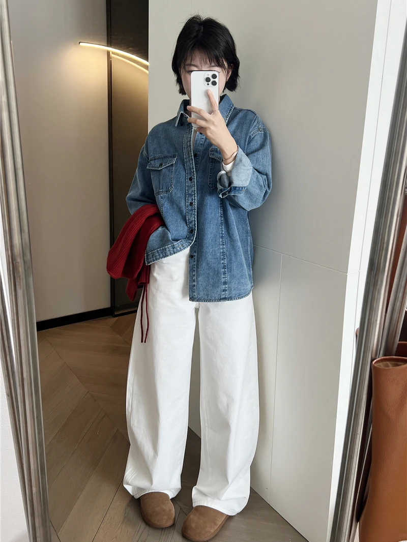 

Waed Blue Denim irt Collared Outerwear Women's Korean Sle Spring Loose Casual Top Layering Small Staed Cotton Blend