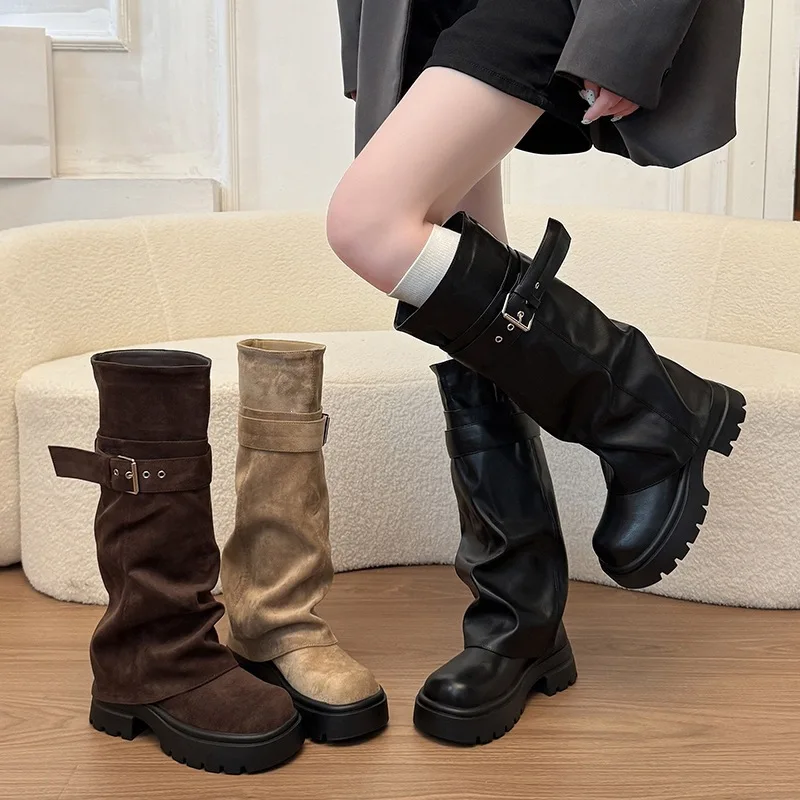 Women's Western Boots High Top Wide Tube Foldable Pile Booties round Toe Inner Heightening 13cm Fashionable Winter Boots
