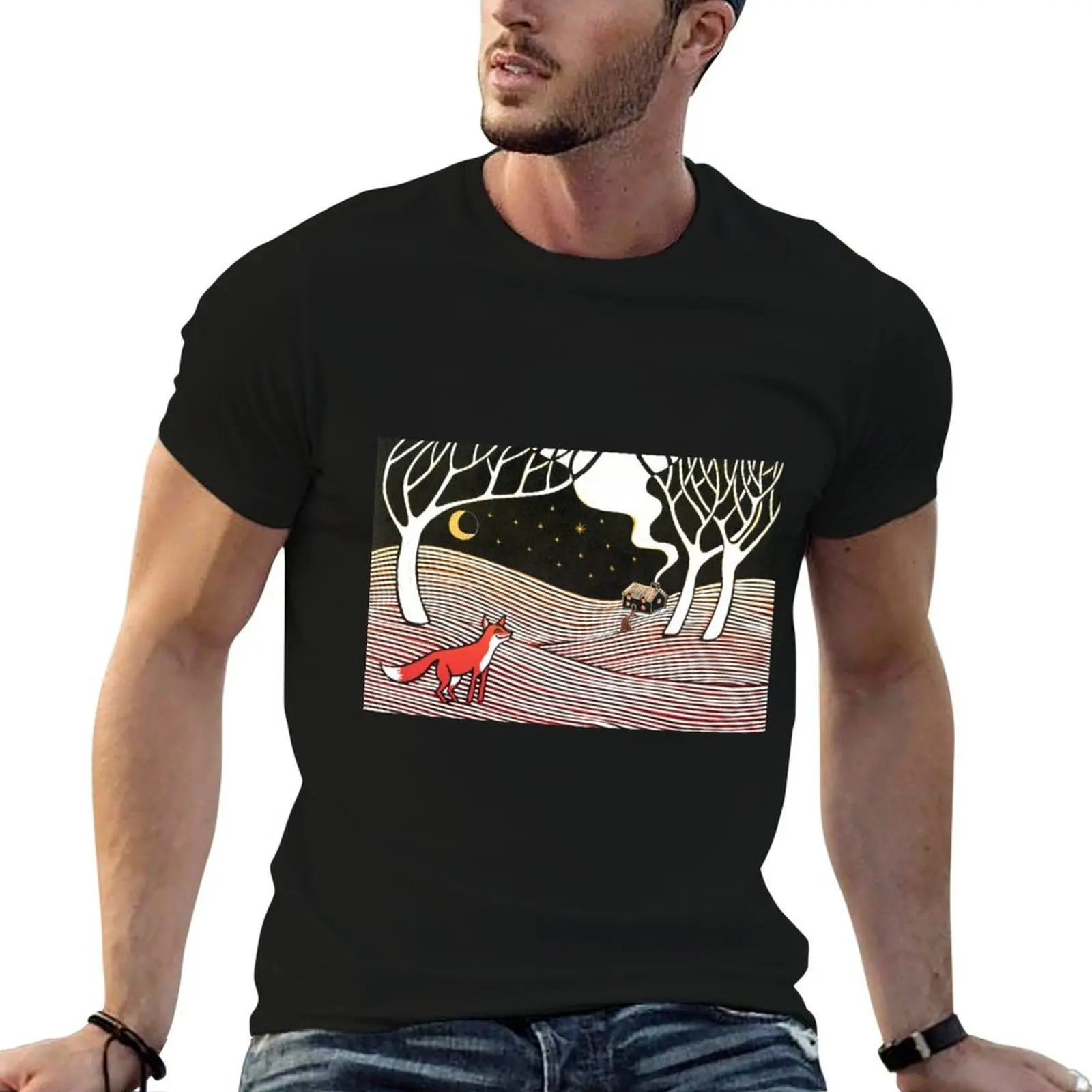 Stargazing - Fox in the Night - linocut by Francesca Whetnall T-Shirt funny t shirts cotton t shirts for man pack cotton T-Shirt