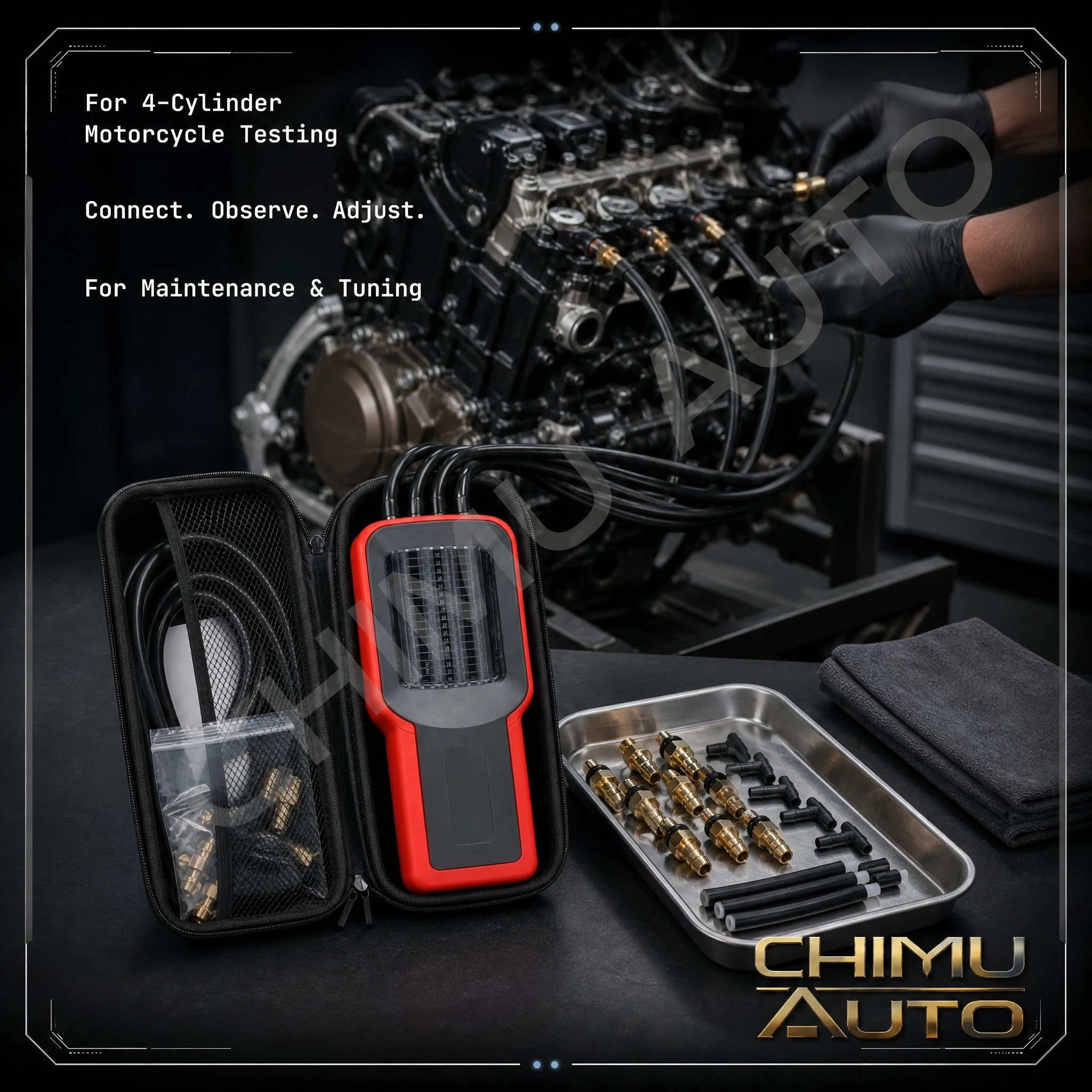 【CHIMU AUTO】Motorcycle 4-Cylinder Balancer Diagnostic Tester Kit with 8 Brass Connectors, 4 Soft Hoses and T-Connectors