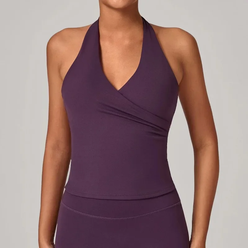 Seamless Gym Workout Pleated V-Neck Halter Yoga Tank Top Tight-Fitting Open Back Sports Top Outdoor Running Fitness Sports Bra