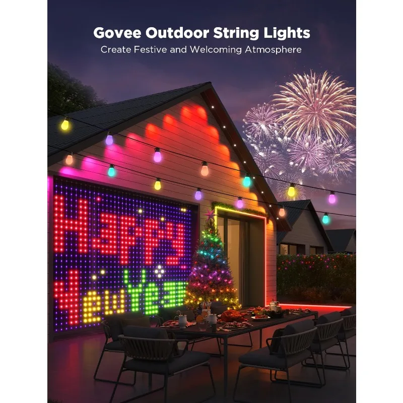 Smart Outdoor String Lights H7021, RGBIC Warm White 96ft (2 Ropes of 48ft) LED Bulbs for Christmas Decorations Outdoor